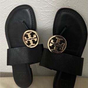 Tory Burch Black Leather Sandals with Gold Logo Medallions